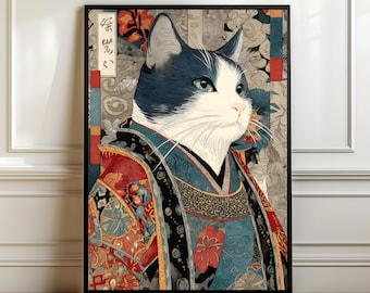 Ukiyo-e Samurai Cat Wall Art – Japanese Calico Cat Portrait, Traditional Kimono Print, Vintage Asian Decor, Elegant Feline, Digital Download