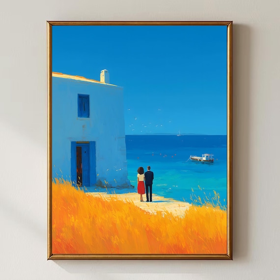 地中海のカップルの壁アート、ロマンチックなギリシャの島のポスター