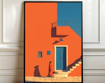 Stampa della porta blu della casa arancione – Arte architettonica mediterranea (download digitale)
