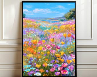 Art mural coloré prairie de fleurs sauvages - peinture de paysage abstraite, impression florale vibrante de champ, affiche impressionniste moderne, téléchargement numérique