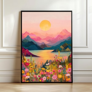 Levendige zonsondergang berglandschap print – kleurrijke bloemen veld muurkunst, dromerige poster, schilderij zonsopgang, helder boho decor, digitale print