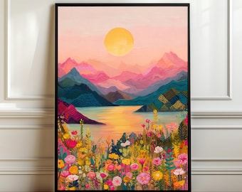 May include: A framed wall art print featuring a landscape painting of a golden sun setting over pink and blue mountains. A calm lake reflects the light, while the foreground is filled with a dense, colorful meadow of various wildflowers.