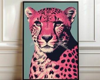 Stampa su poster Pop Art con ghepardo rosa, arte murale moderna con animali, stampa audace retrò della giungla, decorazione colorata per la casa, download digitale