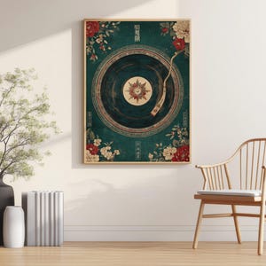 May include: A framed vintage-style print featuring a record player design with floral accents. The artwork has a teal background with red and white flowers. The record player's center has a starburst design.