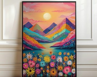 May include: A framed art print featuring a vibrant landscape. The artwork depicts colorful mountains, a lake, and a field of flowers under a sunset sky. The mountains are adorned with intricate patterns in shades of blue, orange, and yellow.