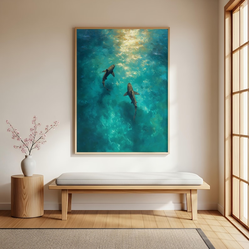 Sharks Swimming in Turquoise Ocean Wall Art - Aerial Underwater Shark ...