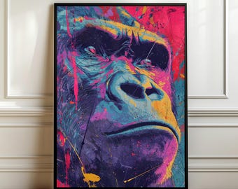Colorful Gorilla Pop Art Poster – Vibrant Pop Art Animal Wall Art , Street Art , Urban Decor, Bold Gorilla Illustration Gift, Digital Print