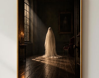 May include: A framed wall art print depicting a figure draped in a white sheet standing in a dark, wood-floored room. A beam of light shines through a tall window, illuminating the figure. A small table with candles and a framed portrait are visible.