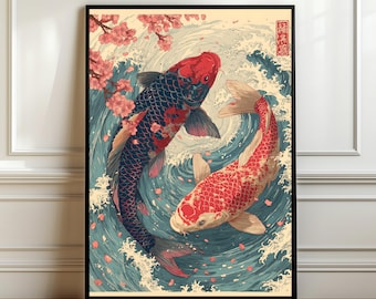 Antique Japanese Koi Fish Print – Vintage Ukiyo-e Style Wall Art, Retro Asian Wave Illustration, Traditional Koi Fish Gift, Digital Download