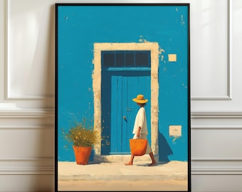 Quadro da parete blu mediterraneo, stampa estiva con porta blu, poster costiero moderno, decorazione mediterranea in terracotta, arte digitale, download digitale