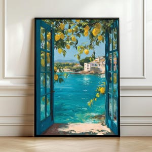 Mediterranean Lemon Tree Window View Print, Coastal Wall Art, Summer Poster, Blue Window Decor, Seaside Landscape Painting, Digital Print