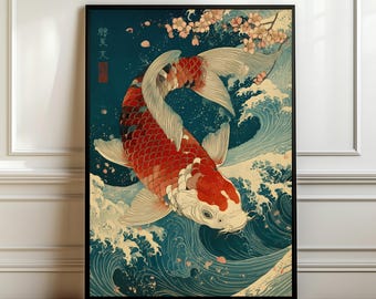 Red Koi Fish Wave Art – Vintage Japanese Illustration, Ukiyo-e Inspired Ocean Print, Symbolic Asian Wall Decor, Koi Gift, Digital Download
