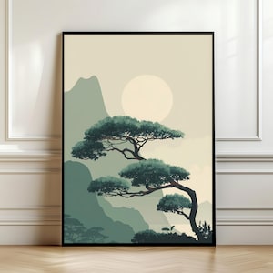 Puede incluir: Impresión artística enmarcada que presenta un paisaje sereno con un pino estilizado en primer plano. La obra de arte muestra una paleta de colores apagados de verdes, beige y un sol amarillo suave, evocando una sensación de tranquilidad. La composición incluye montañas en el fondo.