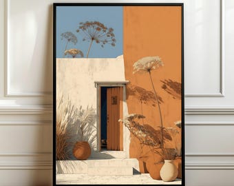 Medelhavsboho väggkonst – Varm terrakotta och minimalistisk botanisk illustration, modern rustik inredning, kusttryck, gåva, digital nedladdning