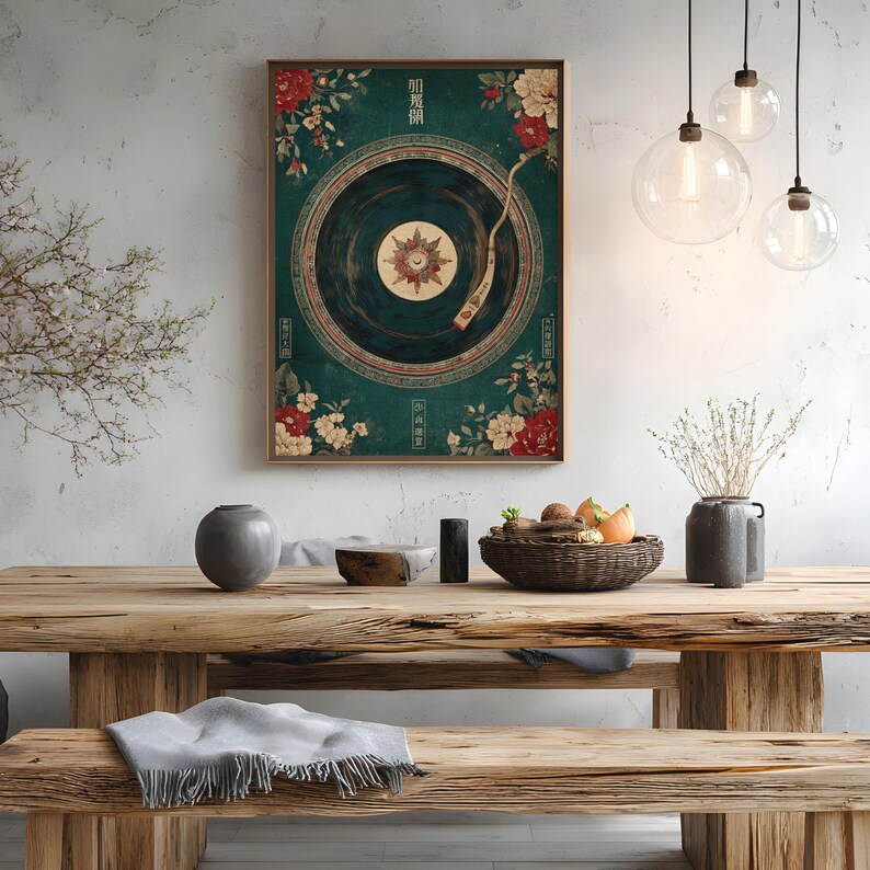 May include: A framed wall art print featuring a vintage record player design with floral accents in red and cream against a teal background. The artwork has Chinese characters and is displayed on a wooden table.