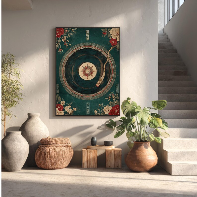 May include: A framed wall art print featuring a vintage-style record player design. The artwork has a teal background with floral accents in red and white. The record player's needle is positioned over the record. The print has Chinese characters.