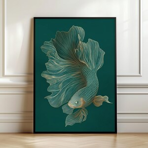Impression d'art mural poisson Betta ligne or - affiche minimaliste japonaise vert émeraude, décoration d'intérieur zen de luxe, illustration de poisson, téléchargement numérique
