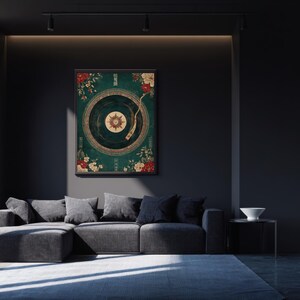 May include: Framed art print featuring a vintage record player design with floral accents in red and white. The artwork has a teal background and a gold-colored center, creating a retro aesthetic.