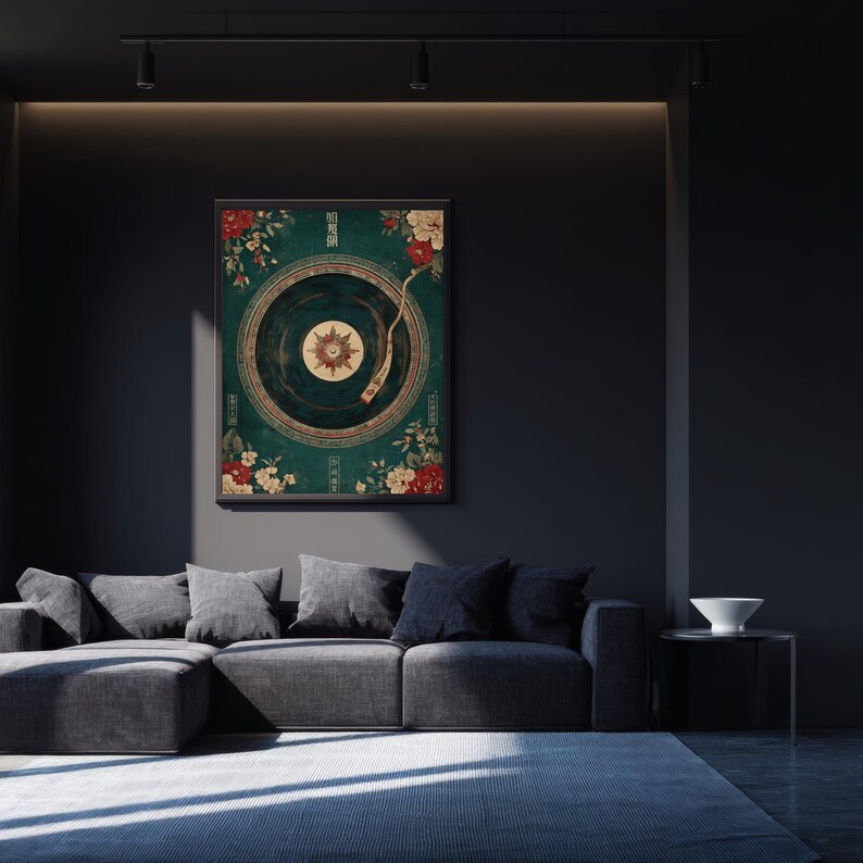 May include: Framed art print featuring a vintage record player design with floral accents in red and white. The artwork has a teal background and a gold-colored center, creating a retro aesthetic.