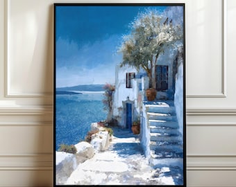 Coastal Stairway Wall Art, Sea View Poster, Blue White Mediterranean Village Print, Summer Travel Decor Gift, Digital Download