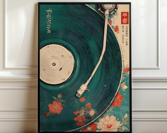 May include: A framed print featuring a vintage turntable with a teal record. The artwork incorporates floral elements in red and white, set against a teal and beige background. Japanese text is visible on the print.