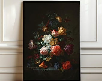 Donker bloemenstilleven als wanddecoratie – Barok bloemenschilderij, sfeervolle botanische print, vintage Nederlandse kunst, elegant bloemenmotief, digitale download