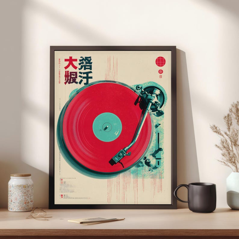 Op de afbeelding: Een ingelijste kunstprint met een vintage platenspeler met een rode vinylplaat. Het kunstwerk heeft een retro esthetiek met Japanse tekst en een rood-teal kleurenschema. Een zwarte mok en een decoratieve vaas staan op de voorgrond.