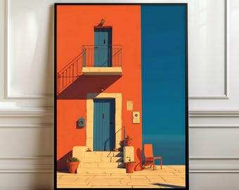 Peut inclure: Une impression d'art encadrée d'une façade de bâtiment. Le bâtiment est peint en orange vif avec des portes bleues et un balcon. Un ciel bleu contraste avec l'orange. Une chaise orange est sur le patio.
