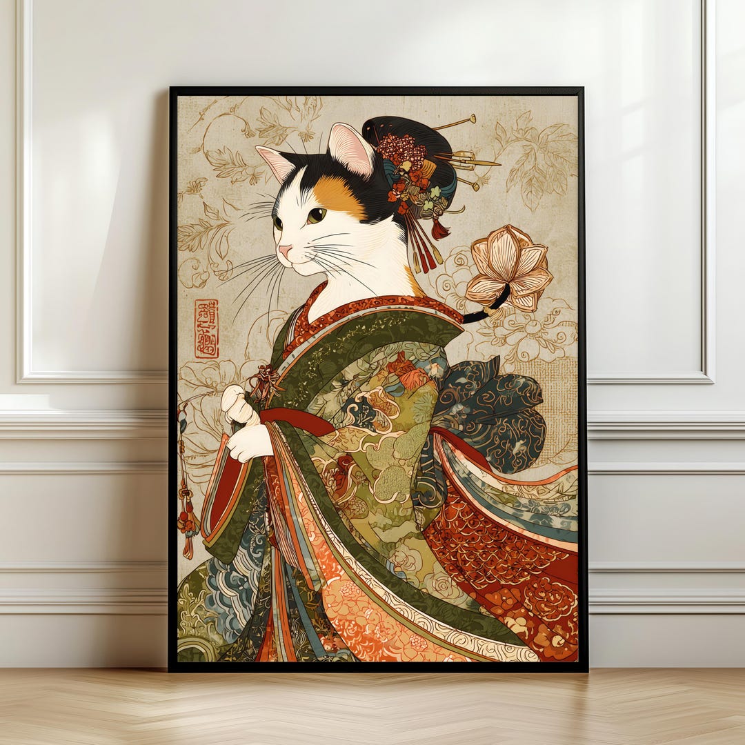 Japanese Cat Geisha Wall Art – Ukiyo-e Calico Cat Print, Traditional ...
