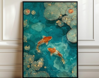 May include: Framed art print featuring two orange and white koi fish swimming in a teal pond with lily pads. The lily pads have gold accents. The artwork is in a black frame and is displayed against a white wall.