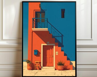 Quadro con architettura mediterranea: facciata color terracotta, casa blu intenso, decorazione mediterranea, download digitale.