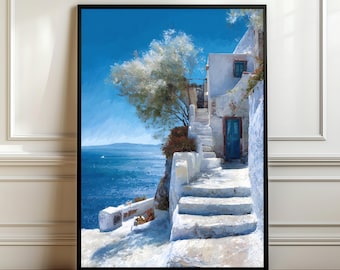Mediterranean Island Coastal Poster. Blue Sea Print, Santorini Wall Art , Travel Decor, Digital Download