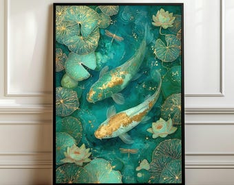 Emerald Koi Fish Wall Art – Zen Japanese Pond Poster, Gold Lotus Decor, Tranquil Feng Shui Print, Elegant Oriental Digital Download Gift