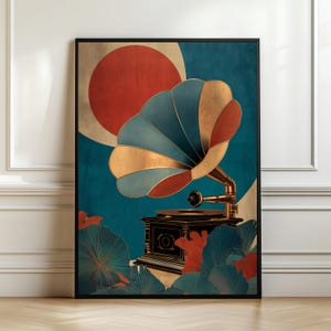 May include: Art Deco print of a vintage gramophone. The artwork features a teal, gold, and red gramophone against a teal and gold background with a red circle. The print is framed in a black frame.