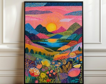 Floral Landscape Art Print: Colourful Abstract Mountain Scene Wall Art, Abstract Painting Poster, Vibrant Nature Print, Digital Download