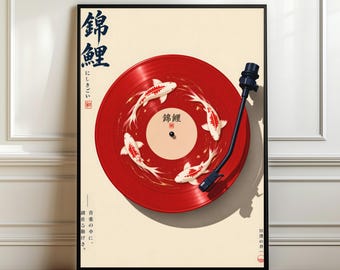 Puede incluir: Un póster vertical enmarcado que muestra un disco de vinilo rojo en un tocadiscos. Cuatro peces koi blancos y rojos están dispuestos en un patrón circular sobre el disco. El fondo es color crema con texto japonés en negro y rojo, incluyendo 錦鯉.