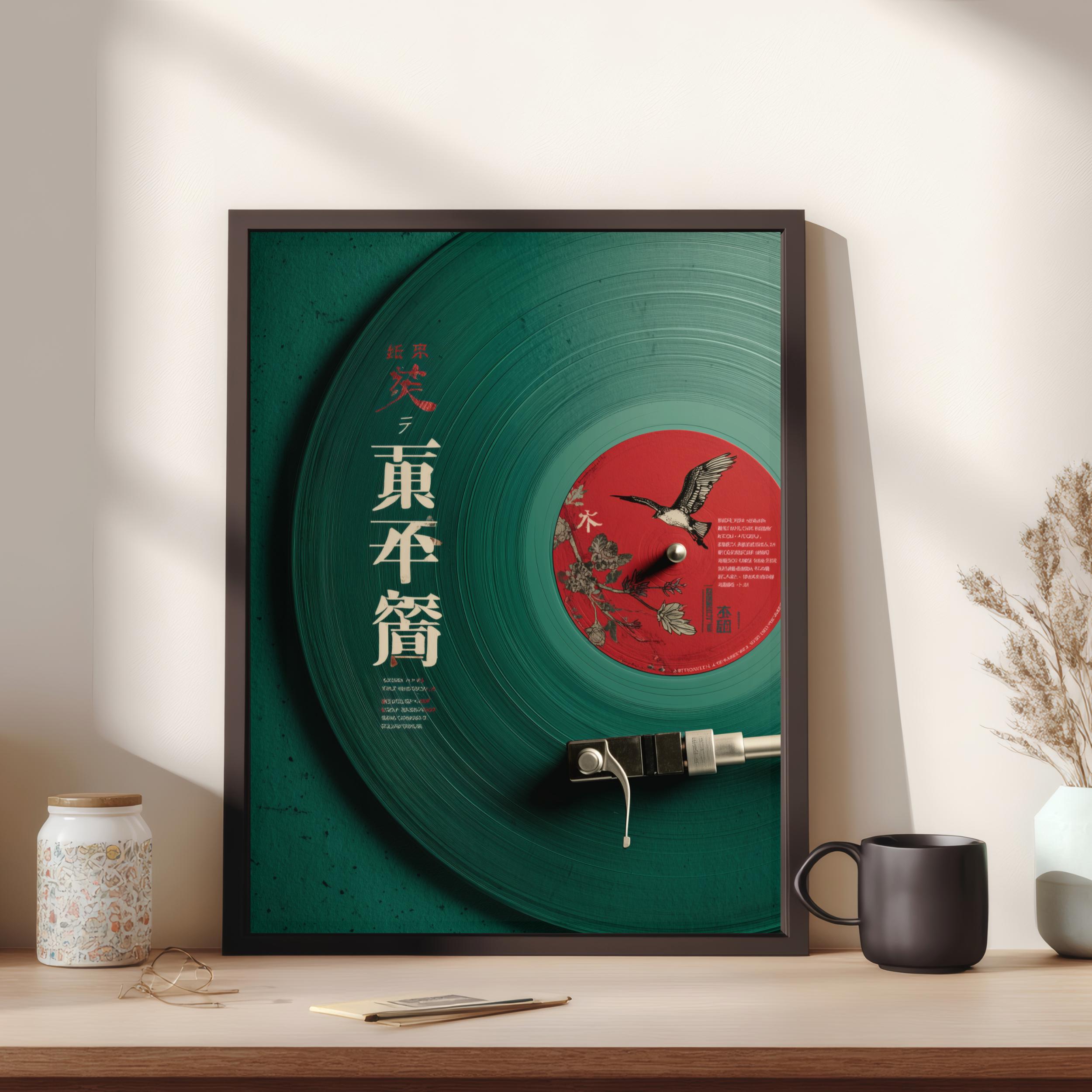 Japanese Music Typography Wall Art – Green Vinyl Record Poster