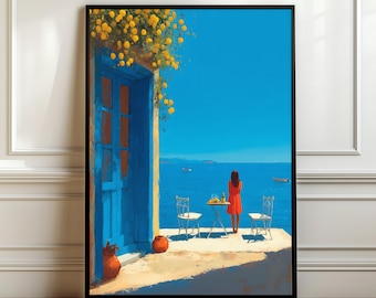 Arte mural costero mediterráneo: Póster de puerta azul y limonero, Impresión veraniega junto al mar, Decoración con cálido atardecer, Casa costera, Descarga digital