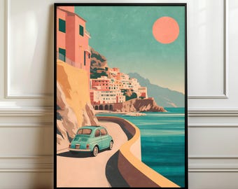 Amalfi Coast Vintage Car Poster, Retro Italian Riviera Wall Art, Coastal Road Print, Travel Decor, Mediterranean Landscape, Digital Download