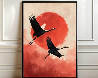 Japanese Red Sun Poster: Vintage Willow Tree Print (digital