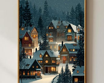 Christmas Village Wall Art, Snowy Winter Town Illustration, Holiday Home Decor Print, Warm Lights Cottage Landscape, Digital Download