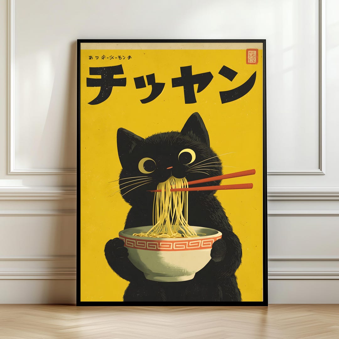 Black Cat Eating Ramen Poster –japanese Cute Cat Wall Art , Kawaii ...