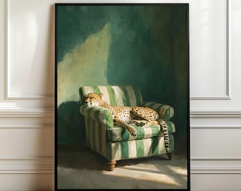 Entspannter Sessel Gepard, Poster von wilden Tieren, Safari-Dekor, moderner Naturdruck, große Katze Geschenk, smaragdgrüne Kunst, Digitaldruck