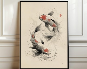Japanese Sumi-e Koi Fish Art – Traditional Ink Painting, Yin Yang Koi Illustration, Zen Brush Art Print, Meaningful Koi, Digital Download