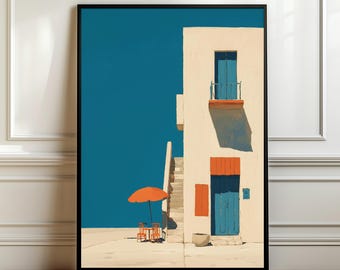 Decoración minimalista de pared estilo casa mediterránea: ilustración de una isla en azul y blanco, póster costero de verano, decoración mediterránea, descarga digital.