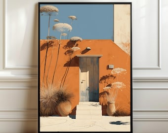 Medelhavsdörröppningsposter – Varm terrakottaväggdekor, minimalistisk kustväggkonst, bohemisk arkitekturillustration, digital nedladdning
