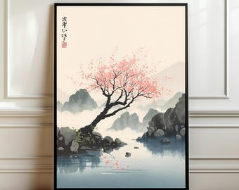 Cherry Blossom Japanese Wall Art, Sakura Tree Landscape Poster, Zen Nature Print, Asian Minimalist Decor, Calm Meditation Art, Digital Print
