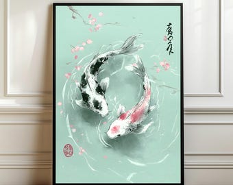 Mintgroene Sumi-e koivissen muurkunst – Japans inktschilderij, Yin Yang Koi illustratie, zen minimaal decor, koicadeau, digitale download