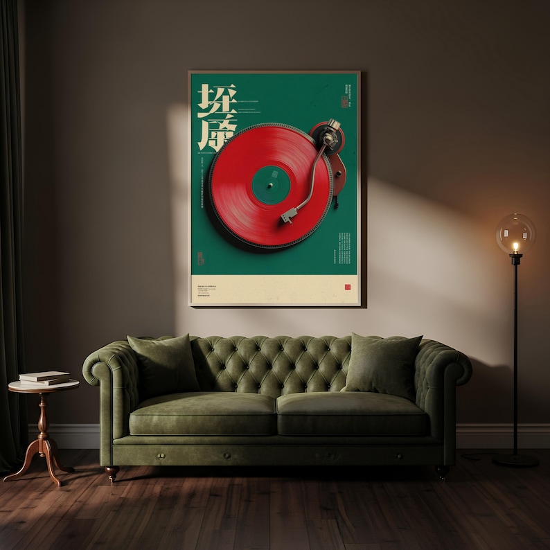 May include: A framed wall art print featuring a vibrant red vinyl record on a turntable, set against a deep green background with white Japanese text. The artwork is displayed above a tufted olive green velvet sofa in a dimly lit room.