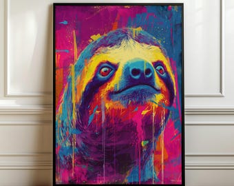 Colorful Sloth Pop Art Poster – Vibrant Pop Art Animal Wall Art , Street Art Print, Modern Urban Decor, Jungle Artwork, Digital Download